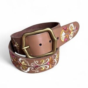 Y2K lucky brand boho western brown leather belt duty floral embroidery size M